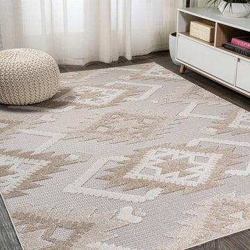 Sumak High-low Pile Neutral Diamond Kilim Area Rug